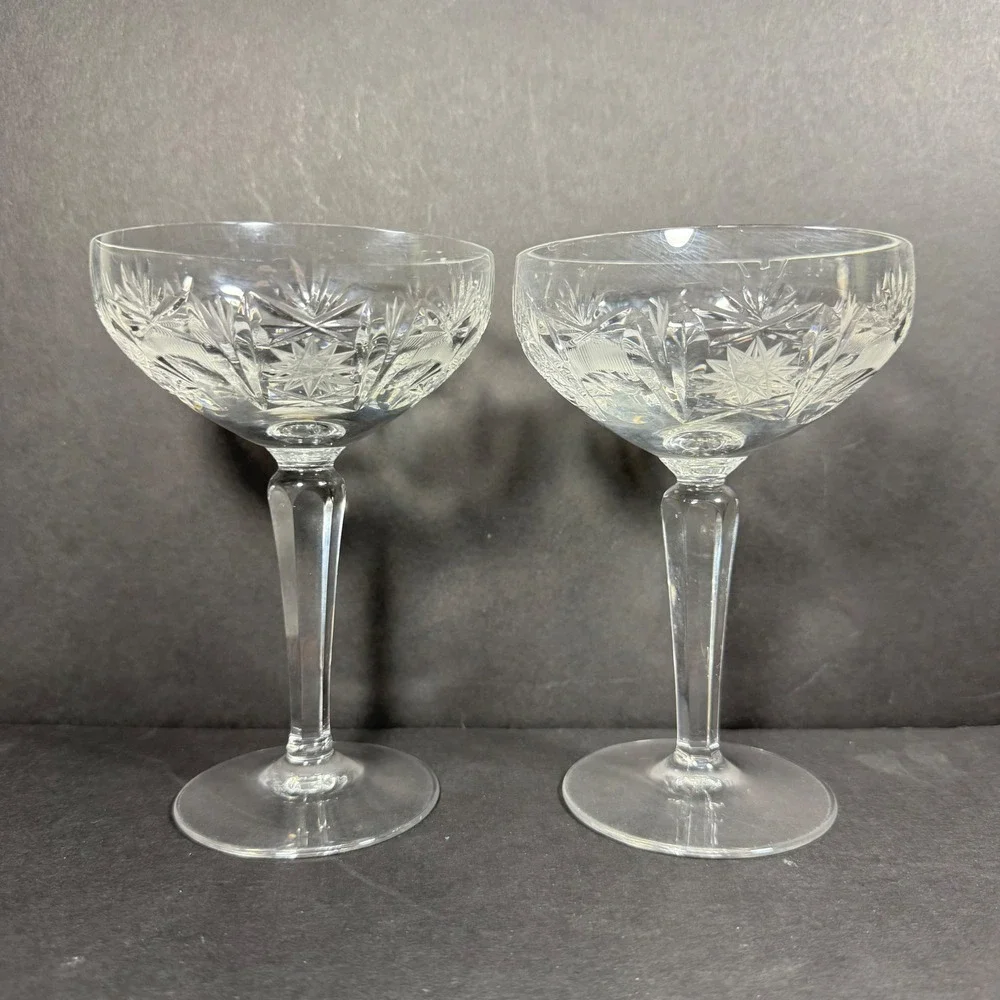 Champagne Coupe Glasses Clear Starburst Cut Pattern Vintage Style Set of 2